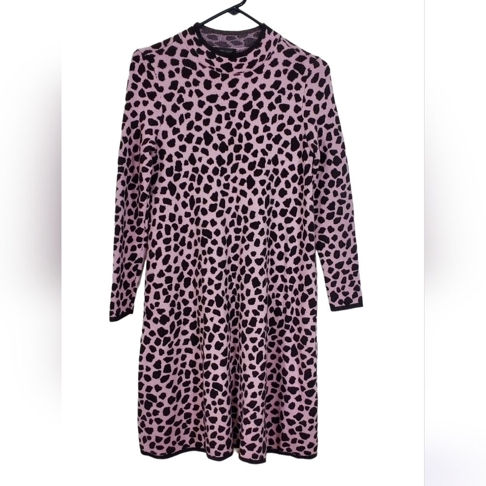 Ann Taylor Petite Cheetah Sweater Dress Thick Knit High Neck Long Sleeve Size SP
